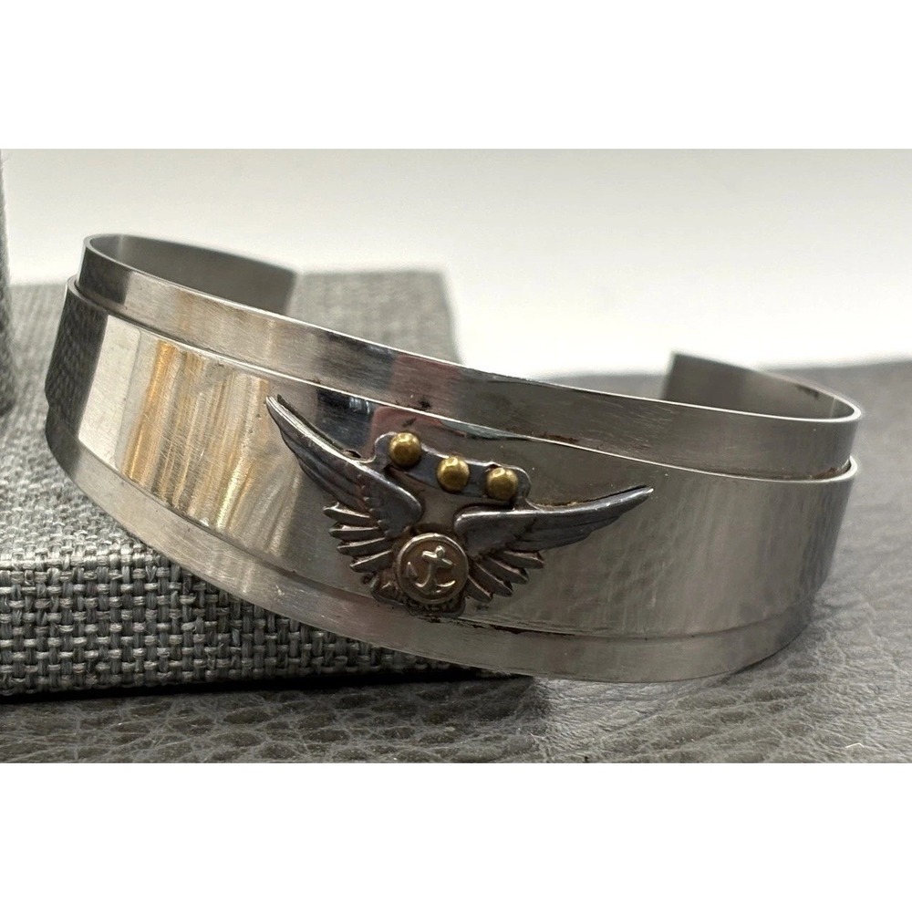 Vintage WWII Navy Aviator Wings Anchor Sweetheart Cuff Bracelet Silver Tone 6.5"